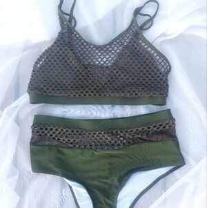 SHIEN army green fishnet detail bikini swimsuit